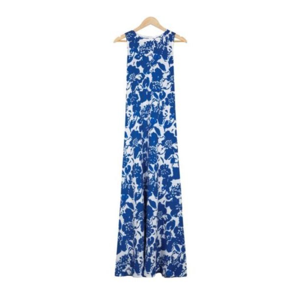 Fresh Print Round Neck Sleeveless Maxi Dress